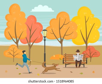 Man walking dog running with pet vector. Senior man sitting on bench and reading newspaper with latest events. Forest with trees and orange leaves. Foliage turns yellow in park flat style autumn