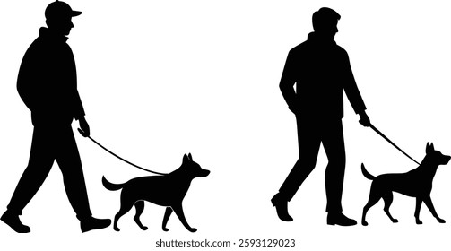 Man walking with dog silhouette black vector illustration on white background.