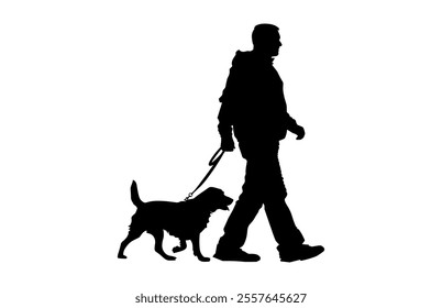 man walking with a dog Silhouette on a white background