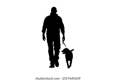 man walking with a dog Silhouette on a white background