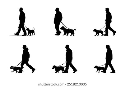 Man Walking a Dog Silhouette Vector Bundle, Basset Hound Dog Black Clipart Set