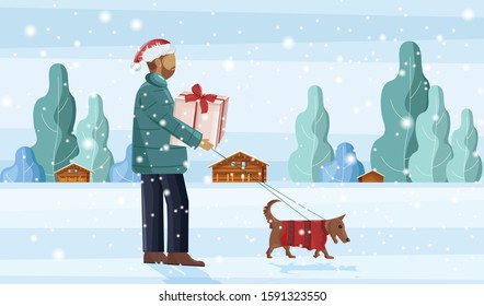 Man walking the dog in the snow while holding gift box. Snowing outside. Winter season vector
