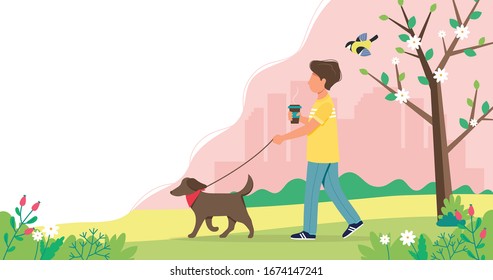 Man walking dog in spring. Cute vector illustration in flat style.