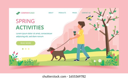 Man walking dog in spring. Landing page template. Cute vector illustration in flat style.