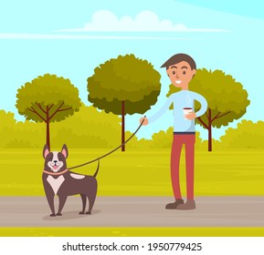 Man is walking with dog in summer park. Guy holds leash and drinks coffee during walk in city garden