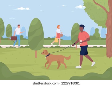 Man walking dog in summer park flat color vector illustration. People in public place. Spending time in city garden. Fully editable 2D simple cartoon characters with landscape on background