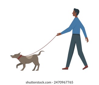 Man walking with dog, summer park activity of happy pet and person vector illustration