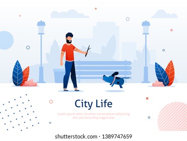 Man Walking with Dog and Throwing Stick Banner Vector Illustration. Going around Park with Pet. City Life. Free Time. Person in Urban Park. Landscape in Cartoon Style. Healthy Active Lifestyle.
