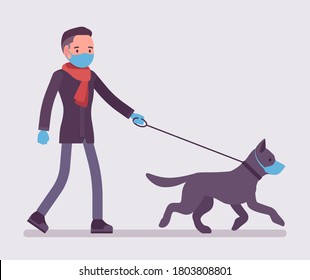 Man walking with dog under quarantine wearing mask, gloves. Pet owner taking puppy for walk, following infection protection measures and restrictions from virus. Vector flat style cartoon illustration