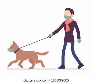 Man walking with dog under quarantine wearing mask, gloves. Pet owner taking puppy for walk, following infection protection measures and restrictions from virus. Vector flat style cartoon illustration