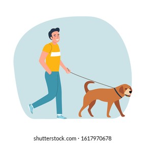 Man is walking with a dog. Vector flat style illustration