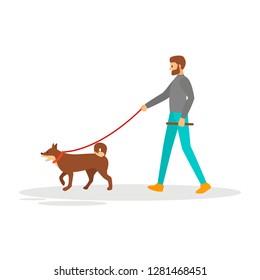 Man walking dog vector illustration. Dark haired bearded young man walking big brown dog. Isolated on white background.
