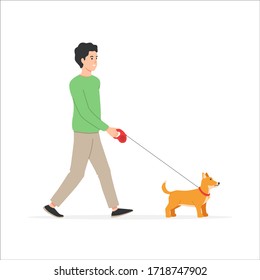 A man walking with a dog. Vector illustration, character design isolated on white background