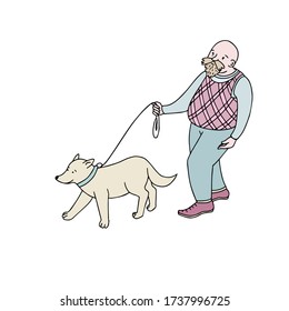 Man walking with a dog. Vector illustration isolated on a white background. Walking with  pet.