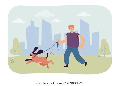 Man walking with dog vector illustration. Young smiling male character walking puppy in park. Vector illustration for service of pet sitter, walker, vet clinic, pet care, hospital, dog shelter.
