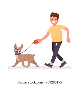 Man is walking with a dog. Vector illustration in a flat style