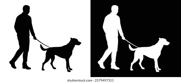 Man walking with dog vector silhouette illustration black and white background.
