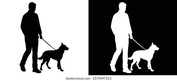 Man walking with dog vector silhouette illustration black and white background.
