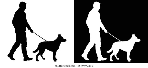 Man walking with dog vector silhouette illustration black and white background.
