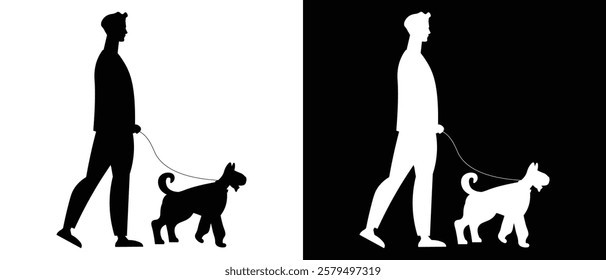 Man walking with dog vector silhouette illustration black and white background.
