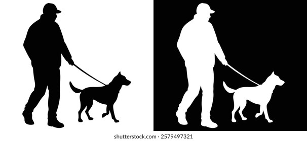 Man walking with dog vector silhouette illustration black and white background.
