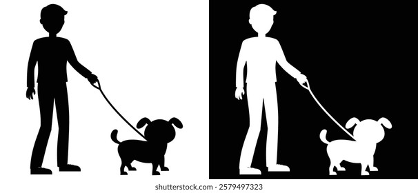 Man walking with dog vector silhouette illustration black and white background.
