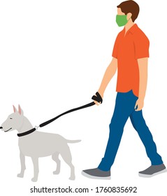 Man walking dog wearing protective face mask COVID-19