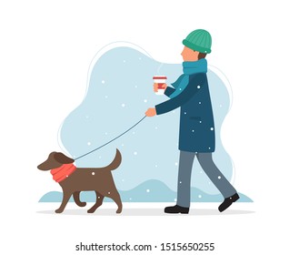 Man walking a dog in winter. Cute vector illustration in flat style