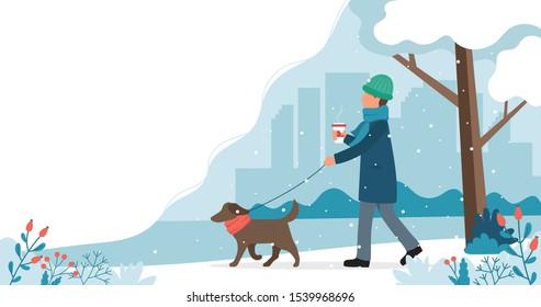 Man walking the dog in winter. Cute vector illustration in flat style.