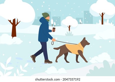 Man walking with dog  in winter. Man leading pet on leash in cold weather with snow. Wintertime. Coffee in hand. Flat vector illustration.