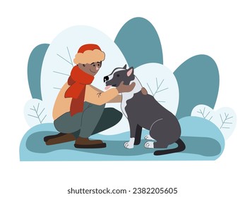 Man walking with dog in winter, vector illustration. Male character petting his dog. Guy enjoying fresh air with black and white Staffordshire Terrier in flat style.