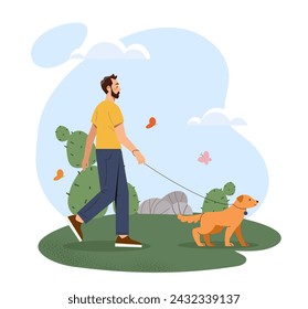 Hombre, perro andante. Joven con cachorro al menos. Propietario con mascota y animal doméstico. Tareas domésticas y rutina. Paseo de perros al aire libre en temporada de primavera. Ilustración de vector plano de dibujos animados