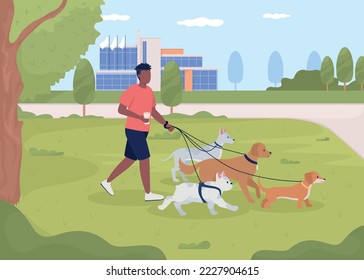 Man walking dogs in park flat color vector illustration. Job with animals for student. Taking care of pets. Fully editable 2D simple cartoon character with urban garden on background