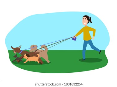 A Man Walking A Lot Of Dogs In The Park. Vector Illustration On A White Isolated Background.