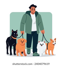Man walking dogs Vector illustration in flat cartoon style Man with pets