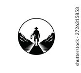 man walking down a road with a lantern in a circular silhouette