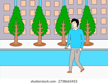 Man is walking down a sidewalk next to a river. The trees are green and the sky is blue
