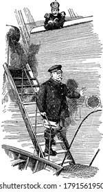 A man walking down the stairs of ship while another man steering him, vintage line drawing or engraving illustration.
