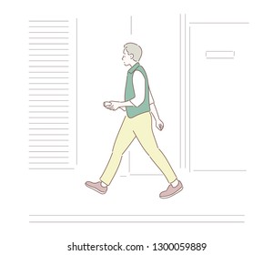 A man is walking down the street. hand drawn style vector design illustrations.