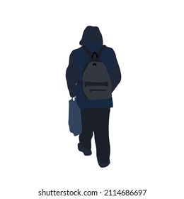 A man walking down the street in winter clothes with a backpack. City vector flat infographics.