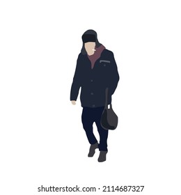 A man walking down the street in winter clothes with a bag. City vector flat infographics.