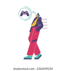 Man geht und träumt von Konsolenspielen, flache Vektorgrafik einzeln auf weißem Hintergrund. Joystick-Symbol in Denkblase. Teenager, der auf Computerspielen wartet.