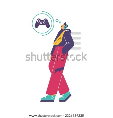 Man walking and dreaming about console game playing, flat vector illustration isolated on white background. Joystick icon in think bubble. Teenager waiting to play computer game.