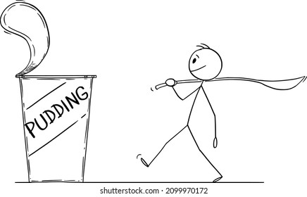 Man walking to eat pudding with big spoon. Concept of food and eating. Vector cartoon stick figure or character illustration.