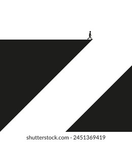 Man walking to the edge, Leap of faith concept, Step into the unknown, Hand drawn illustration, Human silhouette quickly and sloppily drawn by hand on black triangle cliff, Vector sketch