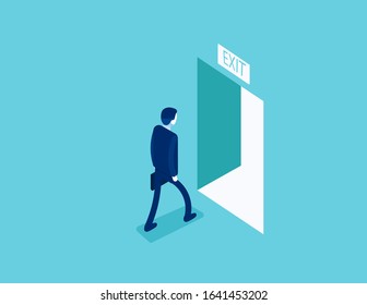 Man walking to the exit  through an open door. Escape route concept, Isometric vector style