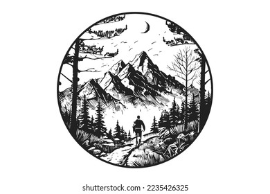 Man walking in the forest with mountain view. Black and white graphic vector illustration.