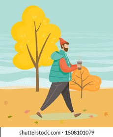 Man walking in forest or wood alone. Guy drinking coffee while strolling through vector lawn. Person in warm clothes like hat and jacket. Beautiful landscape of autumn park, fall weather illustration