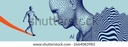 Man walking forward. One man walking on the road. Dotted line effect. Artistic composition. 3D modeling of human body in virtual space. Concept of artificial intelligence for observation and tracking.