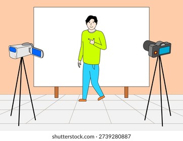 Man is walking in front of a white wall with two cameras on tripods. The man is smiling and giving a thumbs up. The scene is likely a photo shoot or a video recording, with the man being the subject